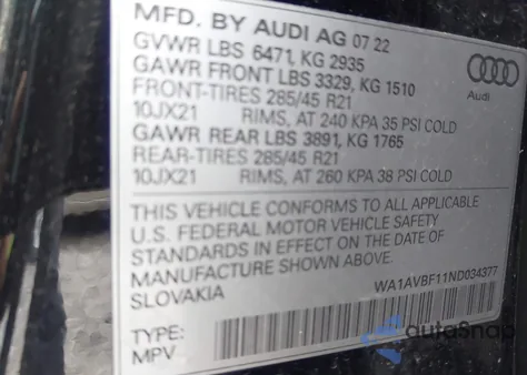 2022 Audi Q8 Premium 55 Tfsi Quattro Tiptronic из США, поврежденный, VIN WA1AVBF11ND034377